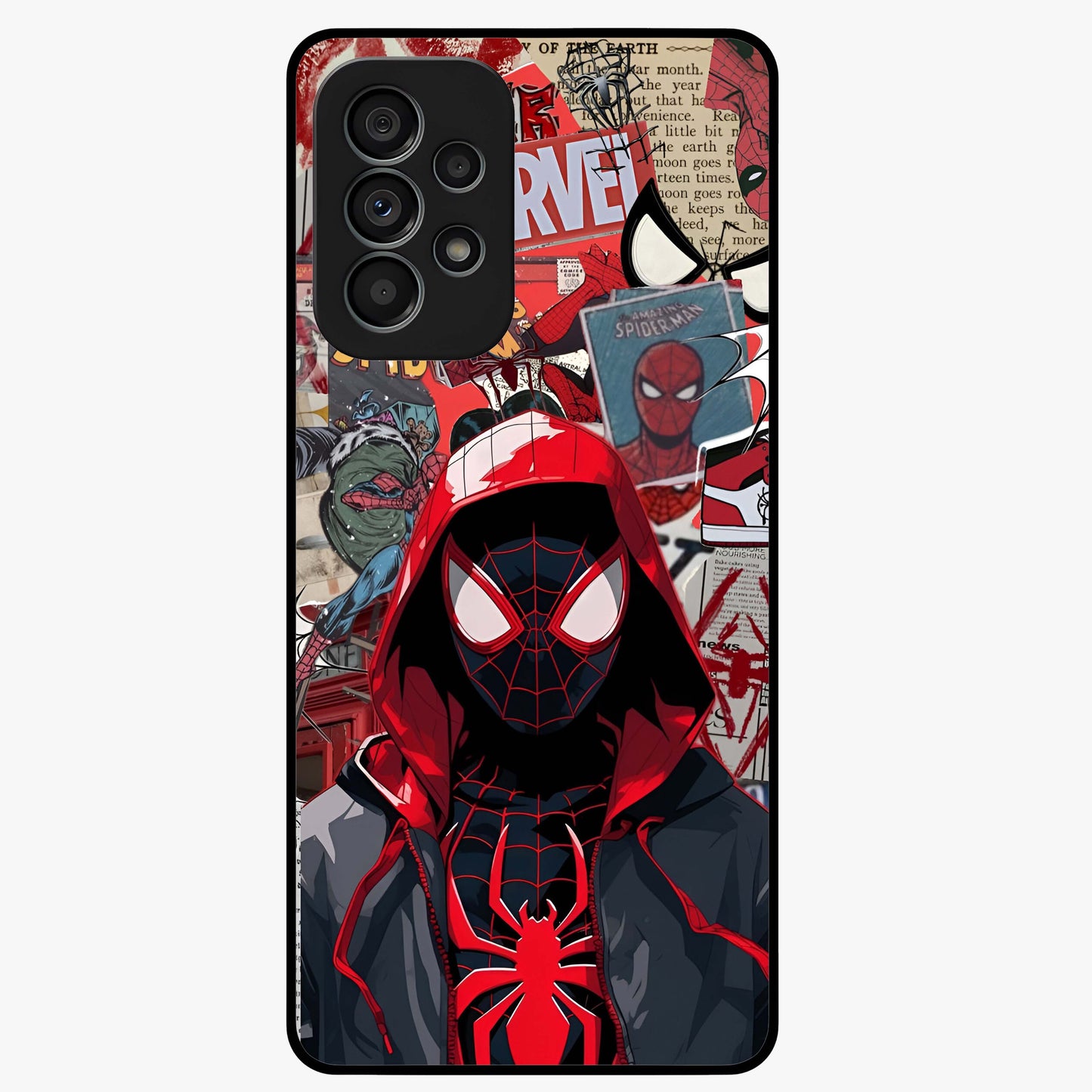 Spider Collage Street Glass Case showing flat back view with vibrant superhero collage artwork and glossy glass finish.
