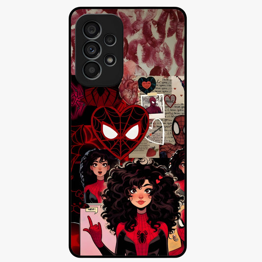 Spider Love Story Glass Case showing flat back view with romantic superhero themed artwork and glossy glass finish.
