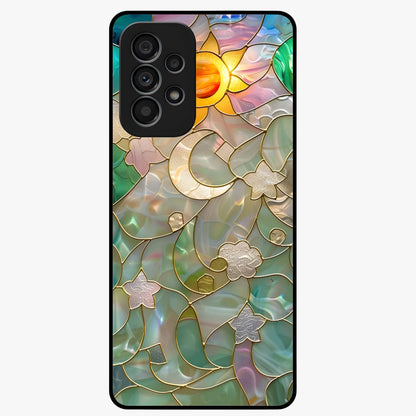 Stained Sunrise Glow Glass Case showing flat back view with glowing sunrise stained pattern artwork and glossy glass finish.