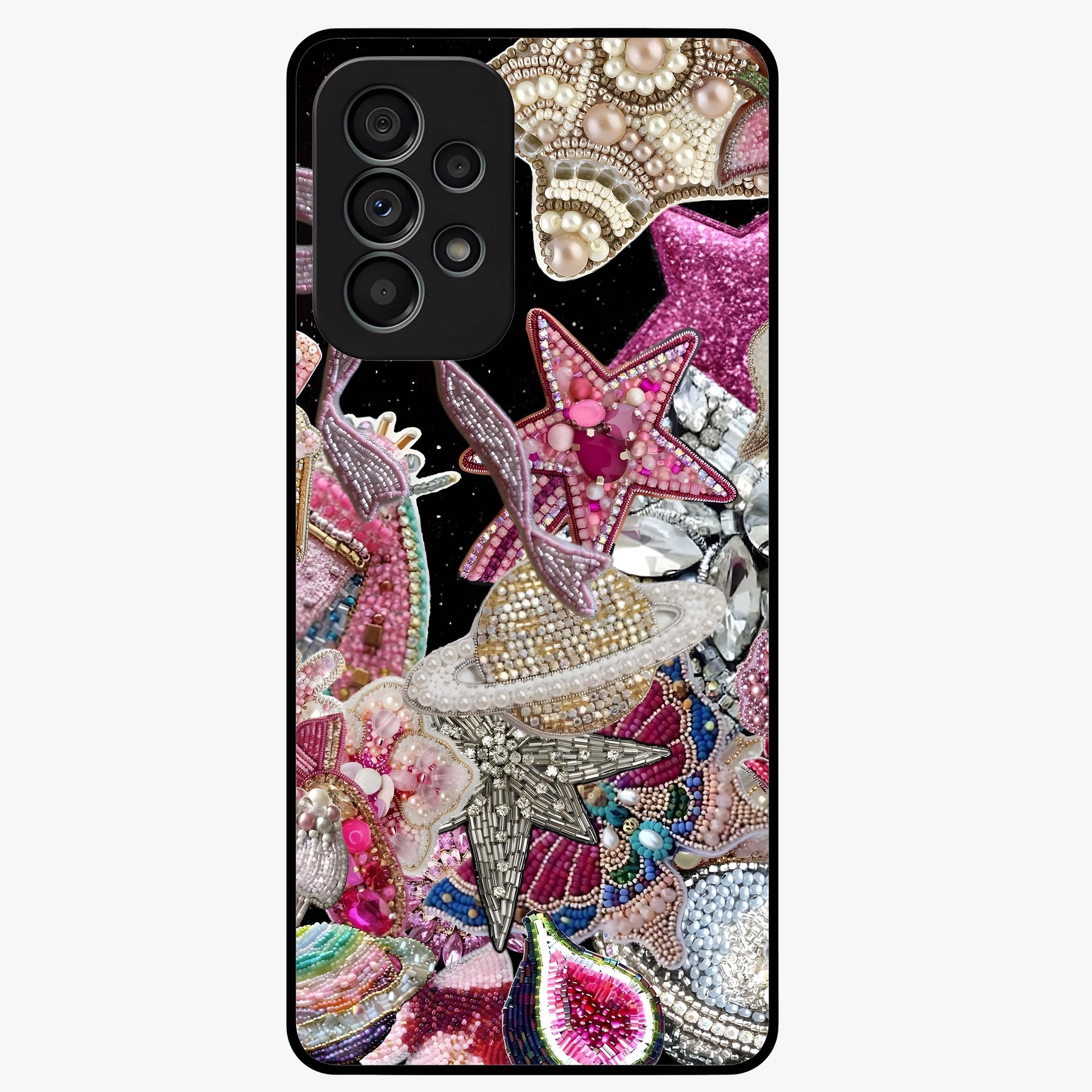 Starlit Jewel Dream Glass Case showing flat back view with sparkling jewel and star themed artwork and glossy glass finish.