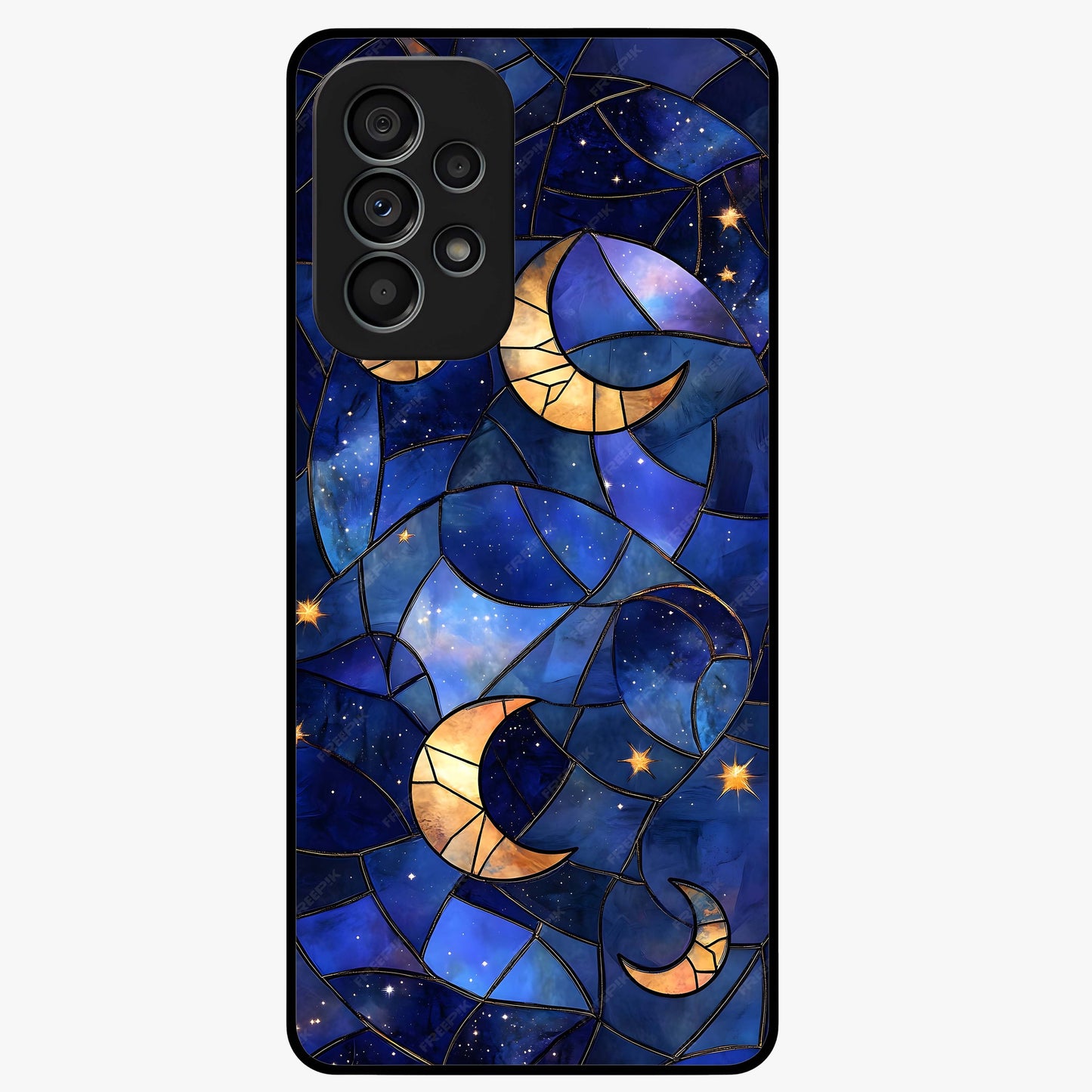 Starlit Sky Tapestry Glass Case showing flat back view with decorative starry sky tapestry artwork and glossy glass finish.