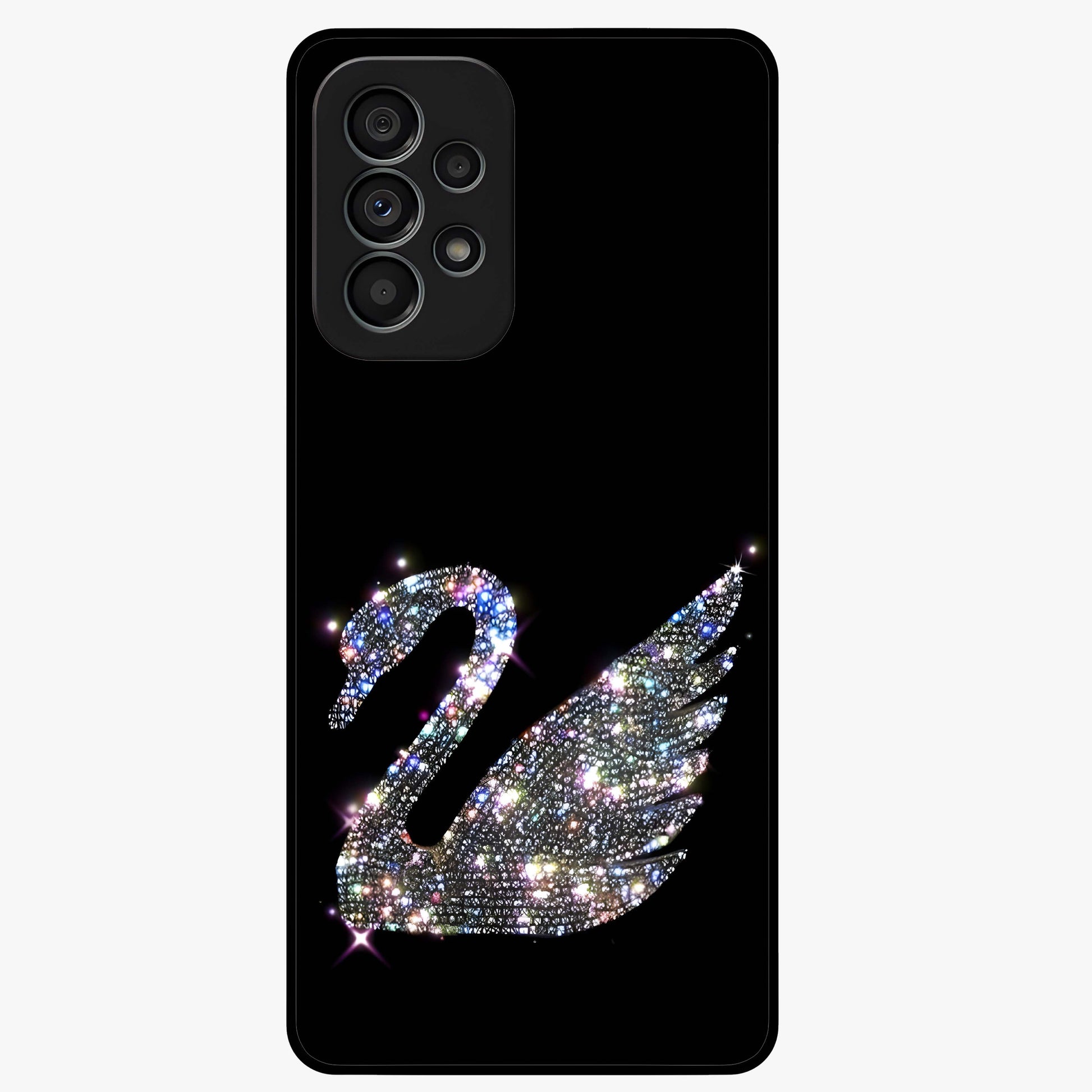 Starlit Swan Grace Glass Case showing flat back view with graceful swan artwork under starry sky and glossy glass finish.