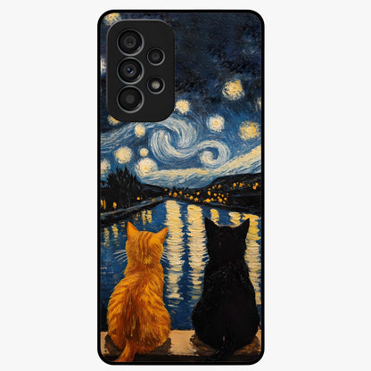 Starry River Cats Glass Case showing flat back view with cats by a starry river artwork and glossy glass finish.
