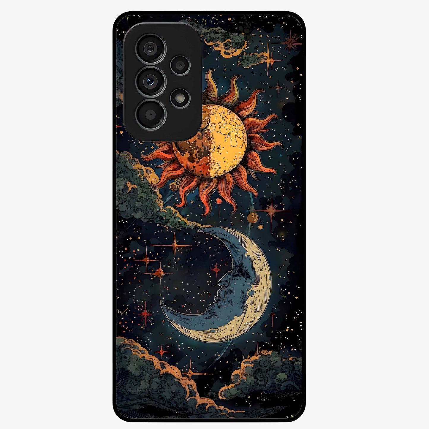Sun And Moon Magic Design Glass Case showing flat back view with mystical sun and moon artwork and glossy glass finish.