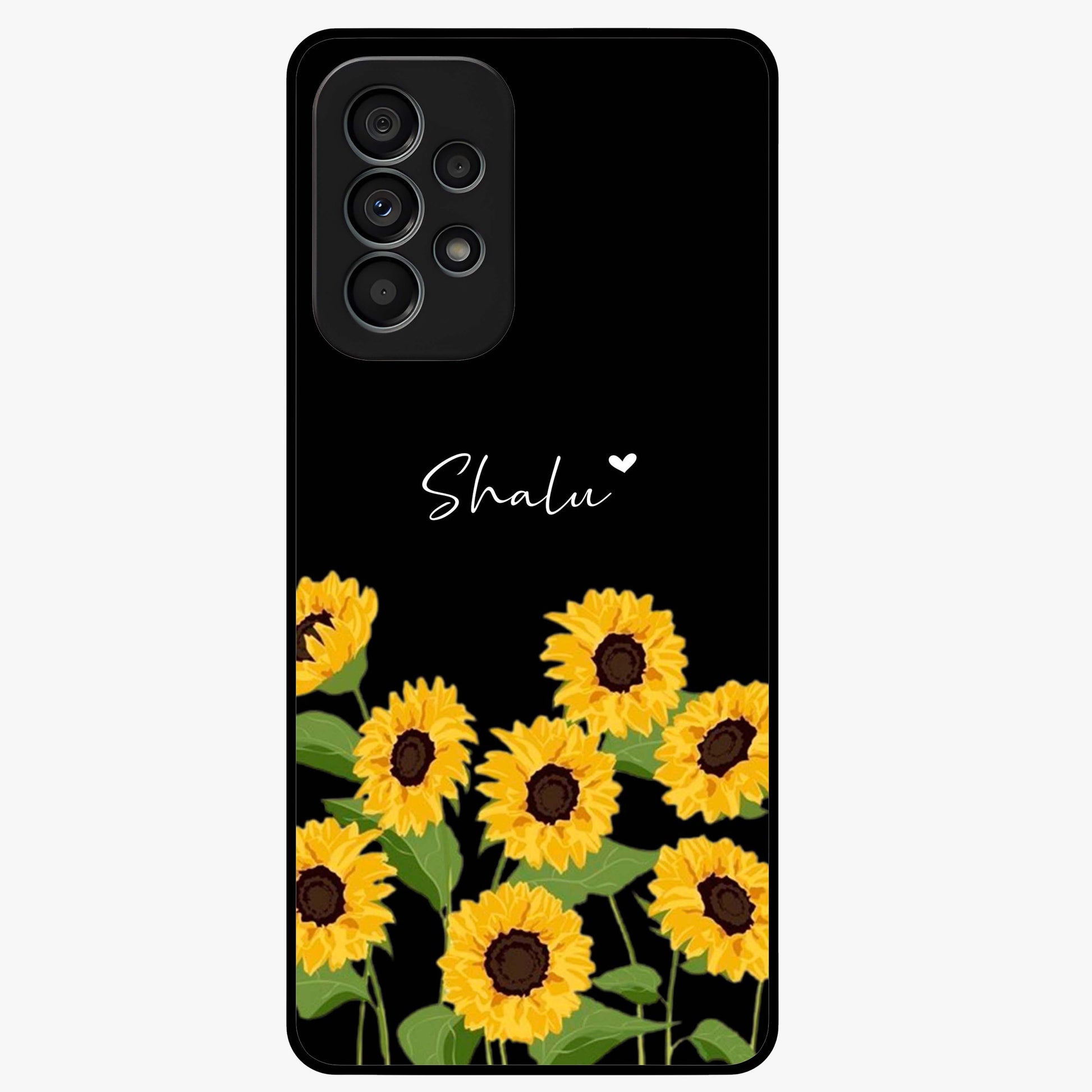 Sunflower Chic Mood Custom Name Glass Case showing flat back view with stylish sunflower artwork and personalized name design.