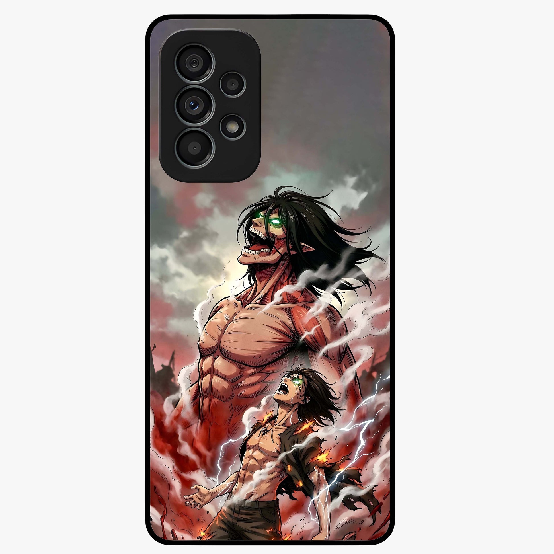 Titan Awakening Fury Glass Case showing flat back view with powerful titan inspired artwork and glossy glass finish.