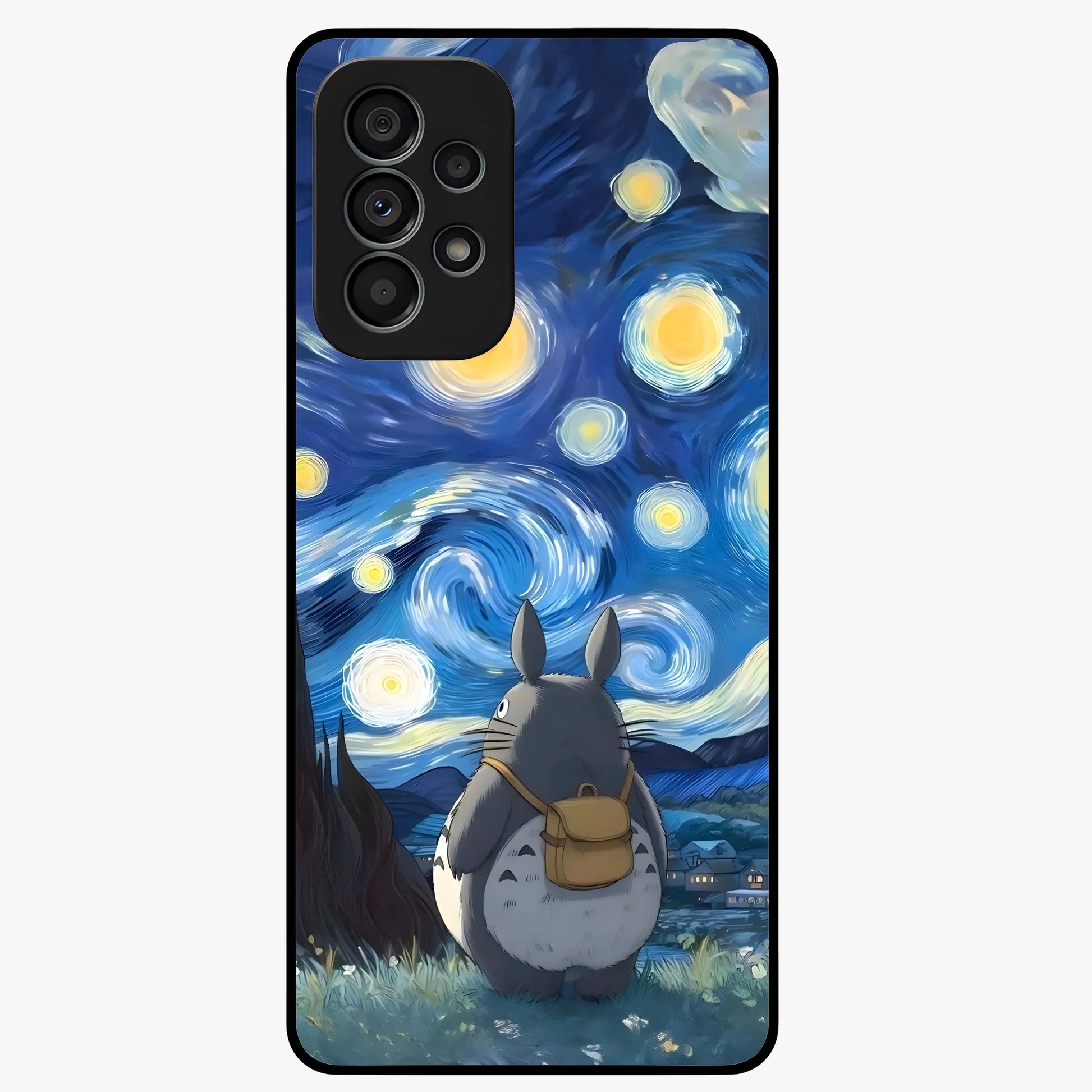 Totoro In Van Gogh Art Glass Case showing flat back view with whimsical character artwork inspired by Van Gogh style and glossy glass finish.