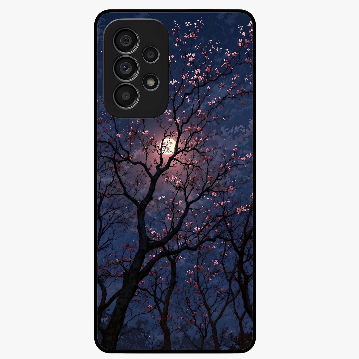 Twilight Sakura Serenade Glass Case showing flat back view with cherry blossom artwork at twilight and glossy glass finish.