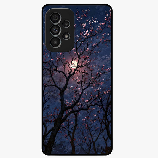 Twilight Sakura Serenade Glass Case showing flat back view with cherry blossom artwork at twilight and glossy glass finish.