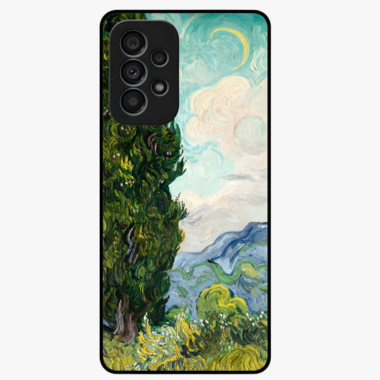 Van Gogh Vintage Art Glass Case showing flat back view with vintage painterly artwork inspired by Van Gogh style and glossy glass finish.
