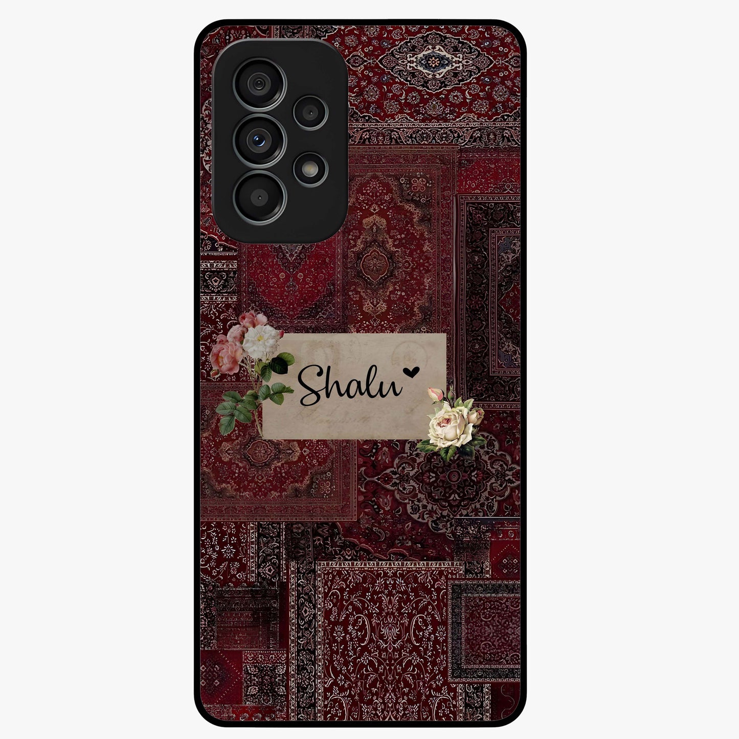 Velvet Wine Pattern Custom Name Glass Case showing flat back view with elegant wine colored pattern artwork and personalized name design.