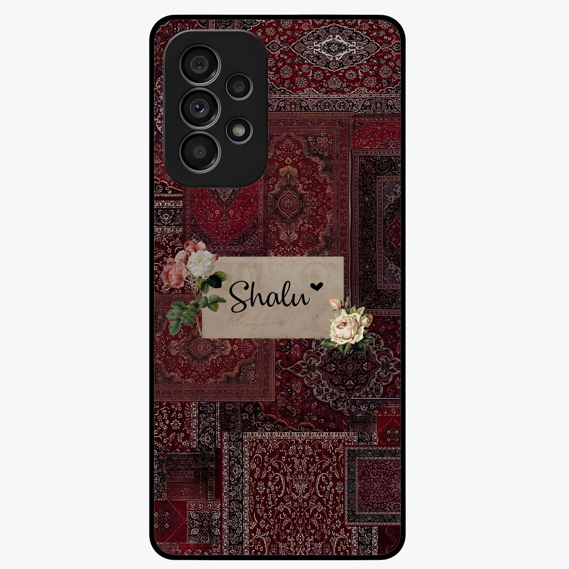 Velvet Wine Pattern Custom Name Glass Case showing flat back view with elegant wine colored pattern artwork and personalized name design.