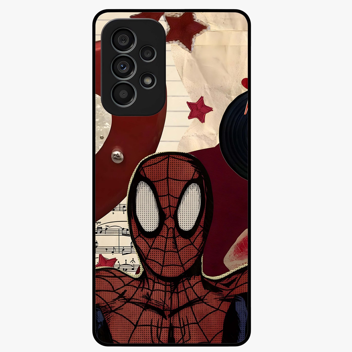 Web Warrior Vibes Glass Case showing flat back view with superhero inspired web themed artwork and glossy glass finish.