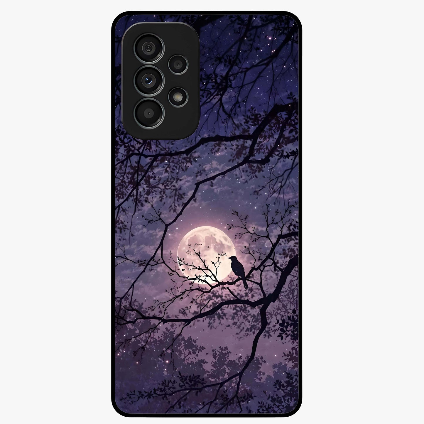 Whispering Moon Silence Glass Case showing flat back view with serene moon themed artwork and glossy glass finish.