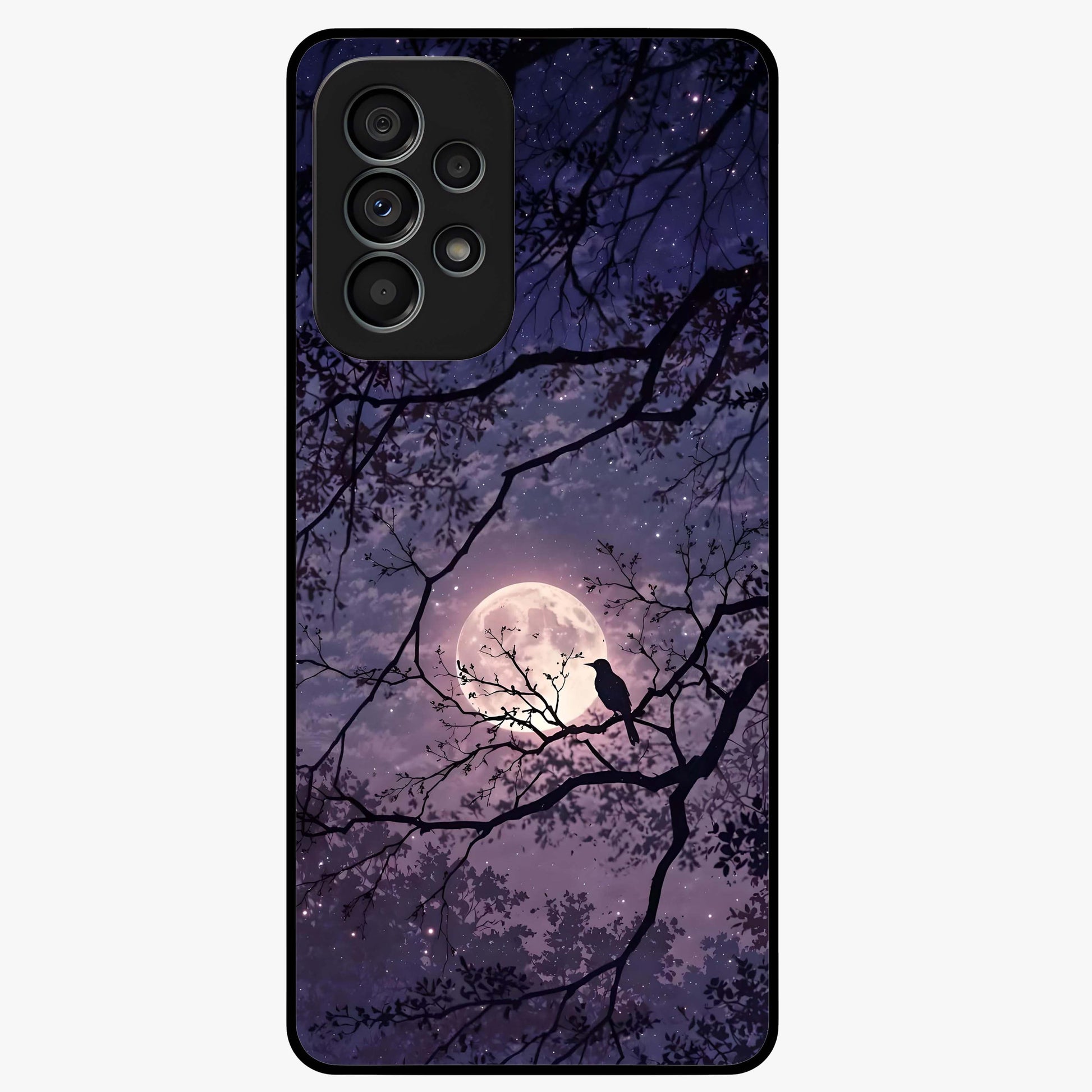 Whispering Moon Silence Glass Case showing flat back view with serene moon themed artwork and glossy glass finish.