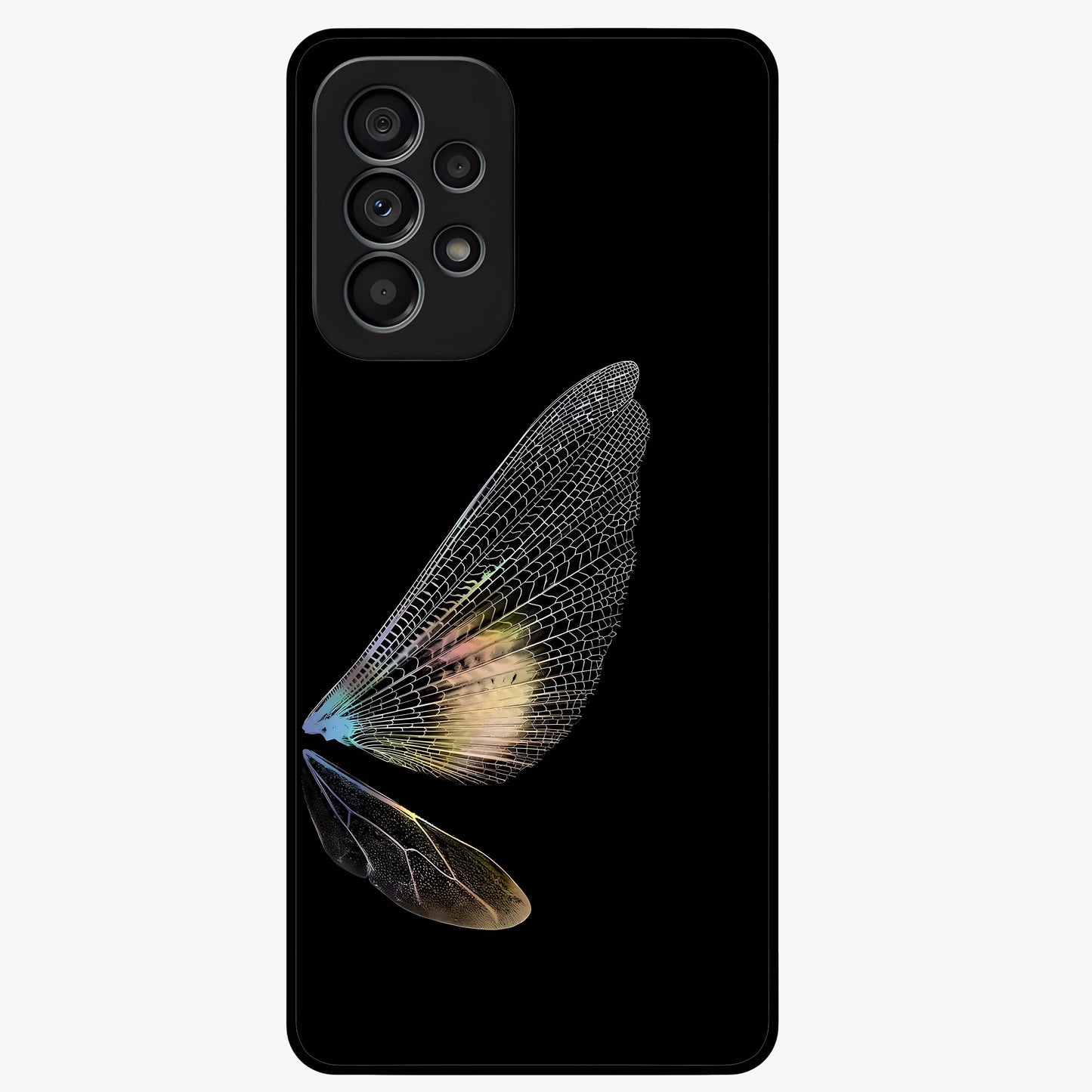 Whispers Of Wings Glass Case showing flat back view with graceful wing inspired artwork and glossy glass finish.