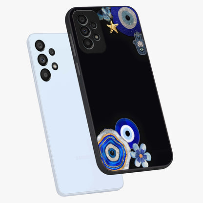 Aesthetic Blue Evil Eye Glass Case displayed in angled mockup highlighting blue evil eye symbol and spiritual aesthetic design.