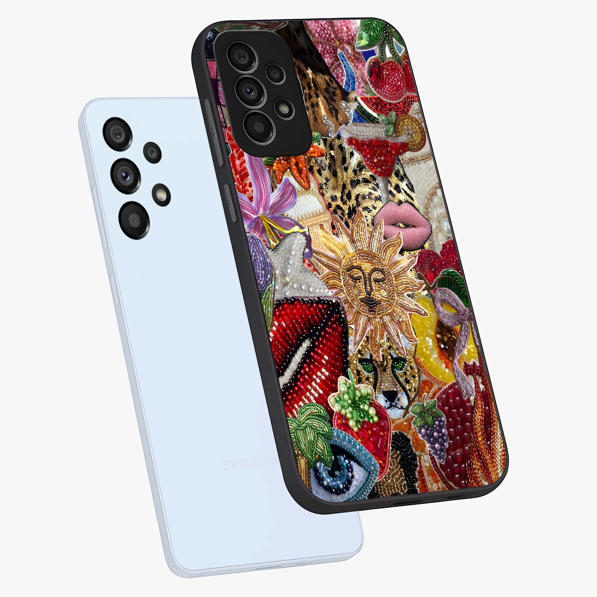 Beaded Fashion Jungle Glass Case displayed in angled mockup highlighting colorful fashion bead design and artistic pattern.