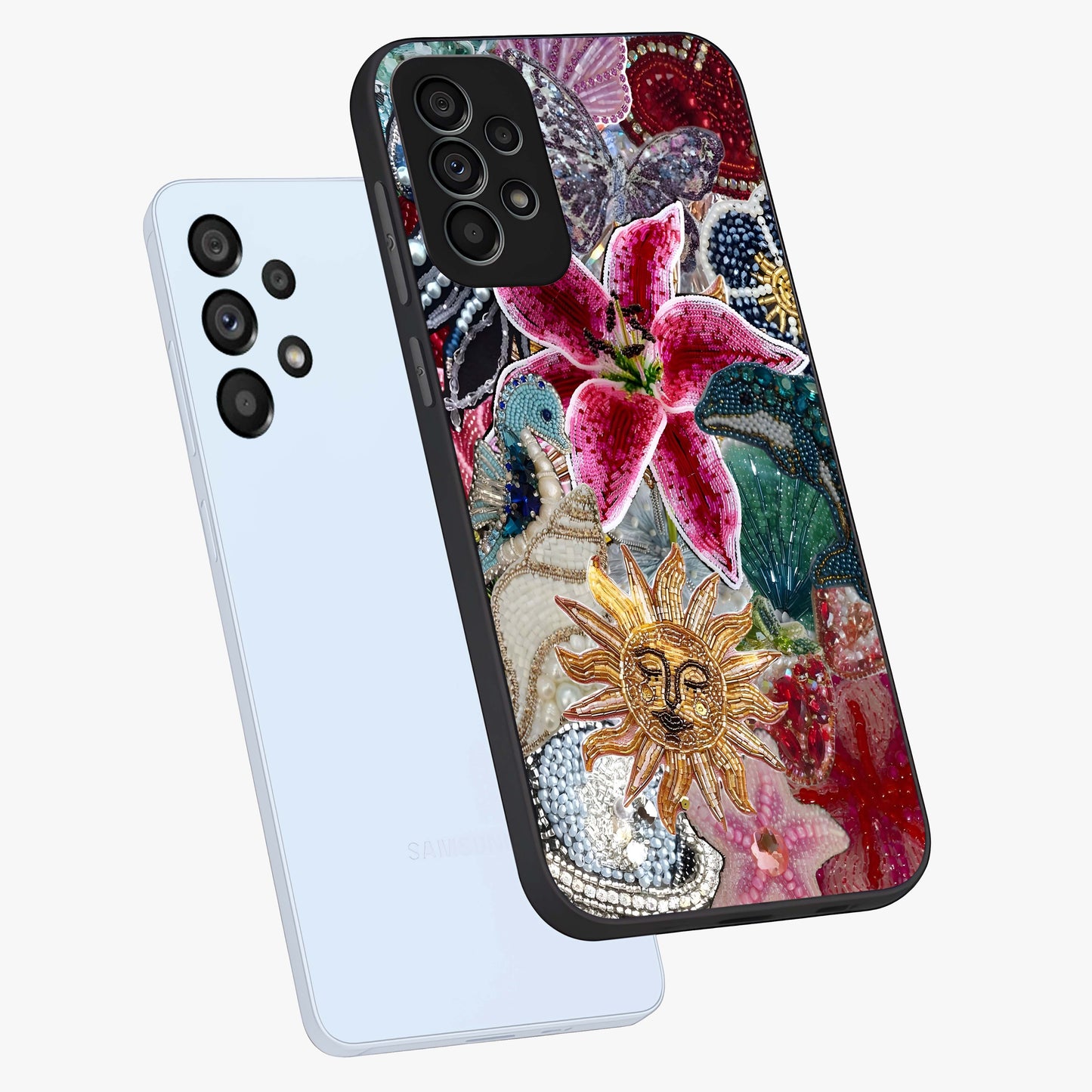 Beaded Garden Fantasy Glass Case displayed in angled mockup highlighting fantasy inspired floral bead pattern.