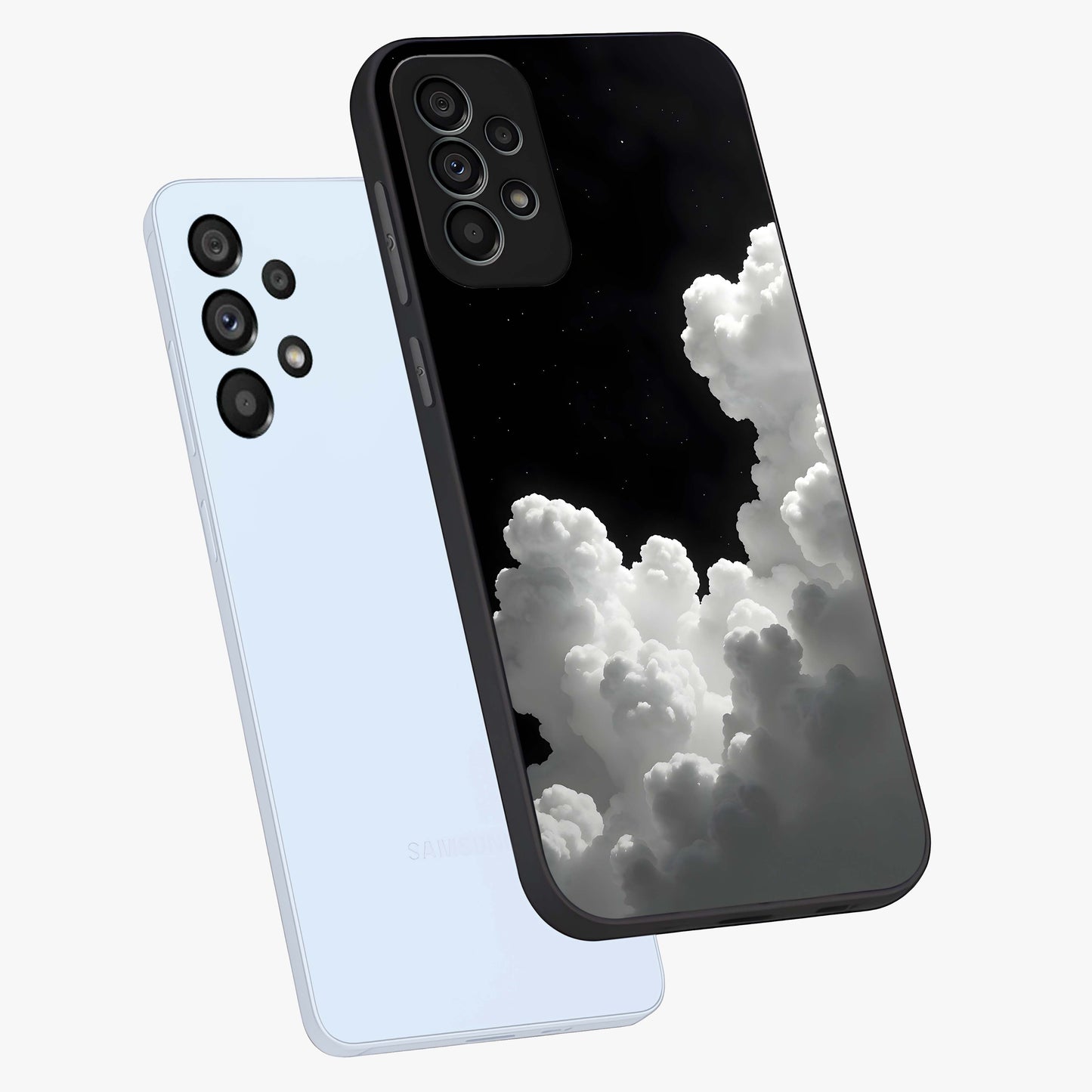 Black Background With White Cloud Glass Case displayed in angled mockup highlighting soft white cloud illustration and minimal design.