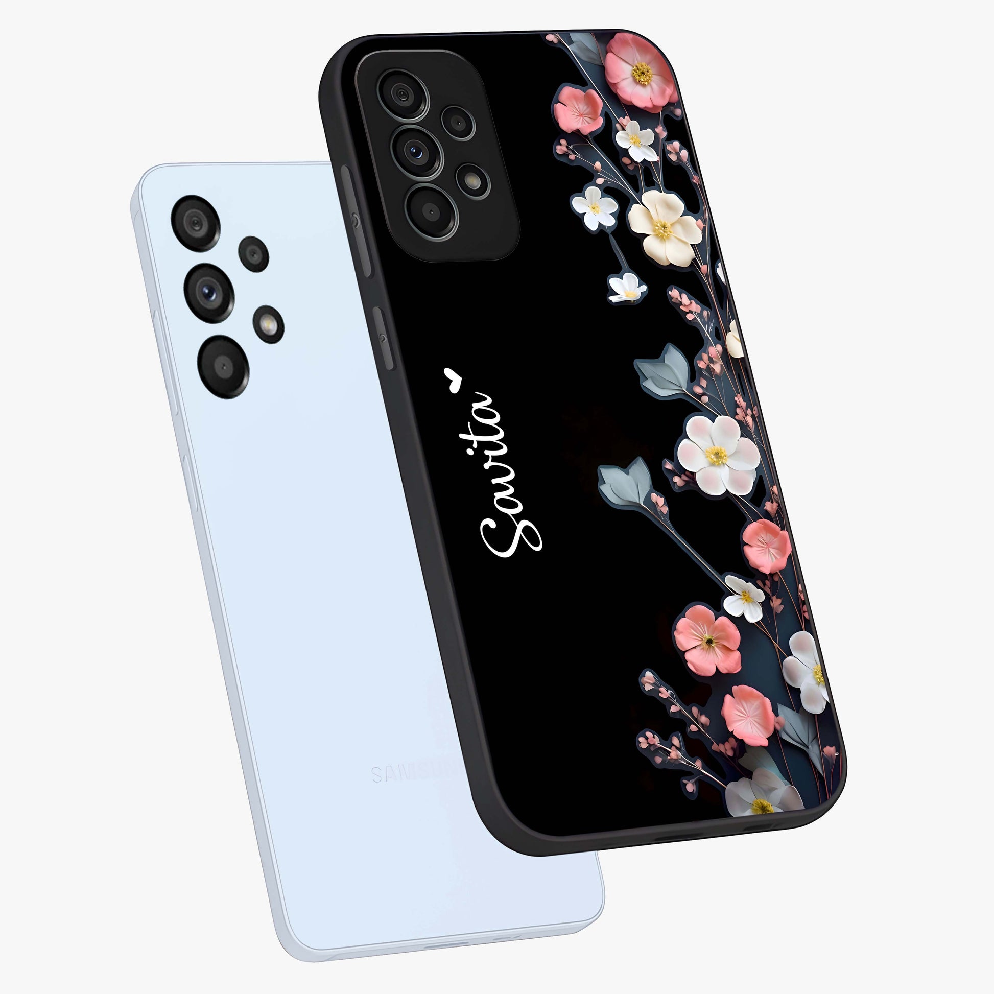 Black Elegance Floral Custom Name Glass Case displayed in angled mockup highlighting dark floral aesthetic and custom name feature.