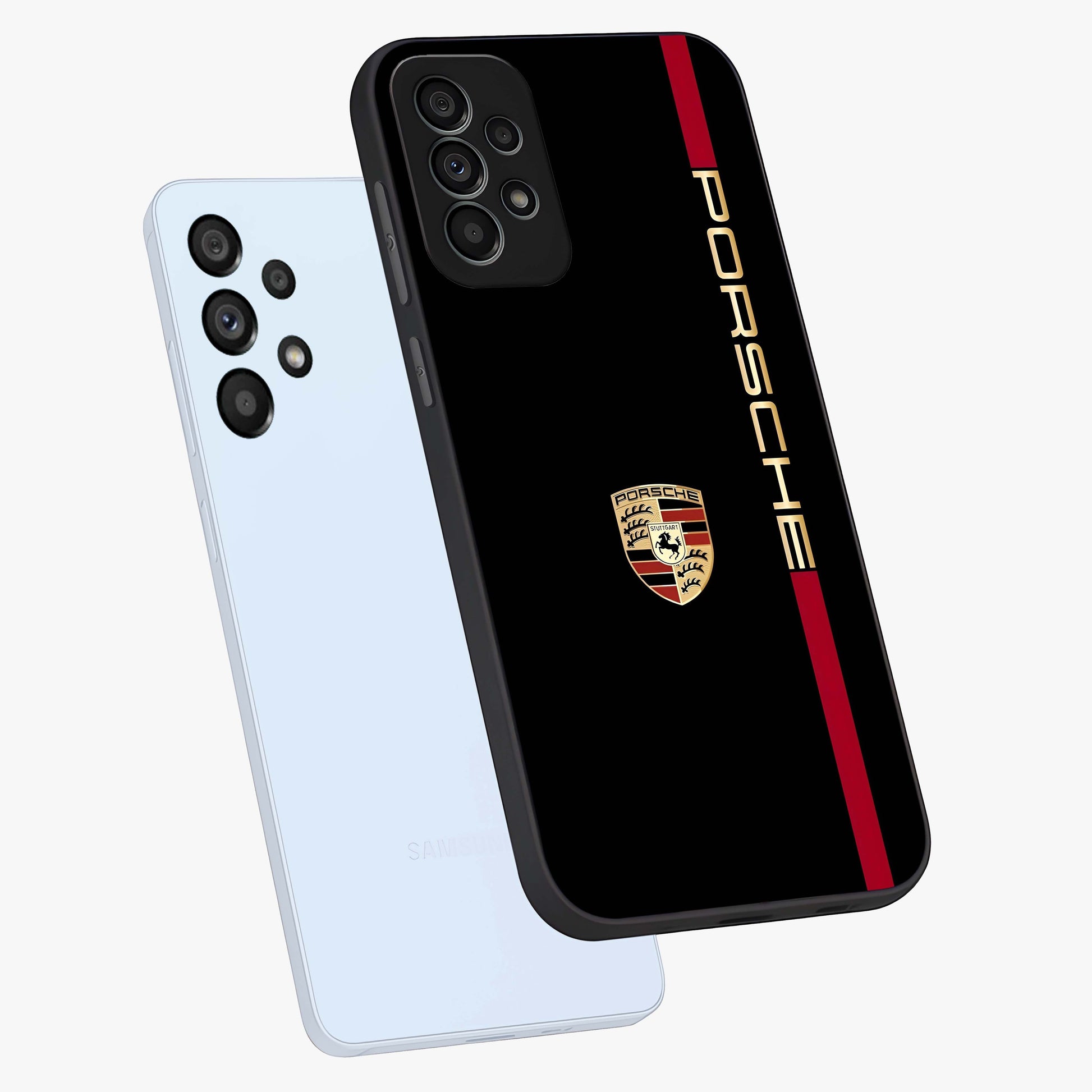 Black Minimal Porsche Glass Case displayed in angled mockup highlighting modern minimal car illustration and clean aesthetic design.