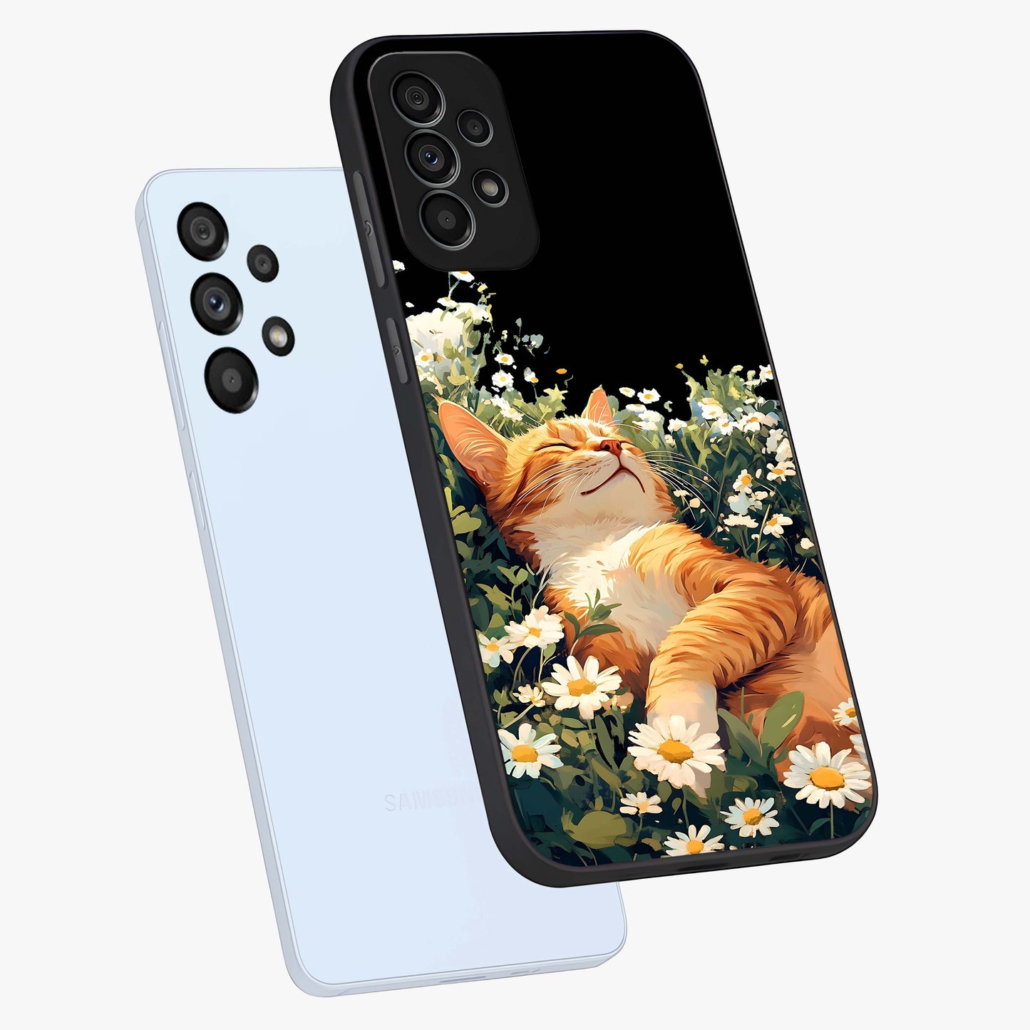 Blissful Bloom Cat Glass Case displayed in angled mockup highlighting playful feline illustration with soft floral aesthetic.