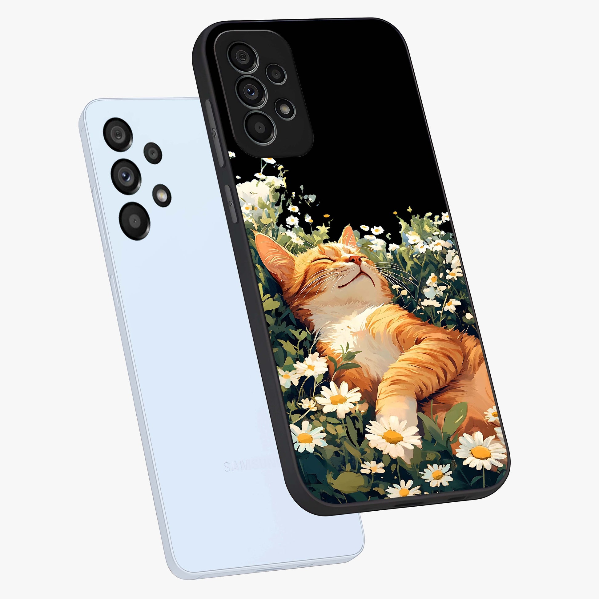 Blissful Bloom Cat Glass Case displayed in angled mockup highlighting playful feline illustration with soft floral aesthetic.