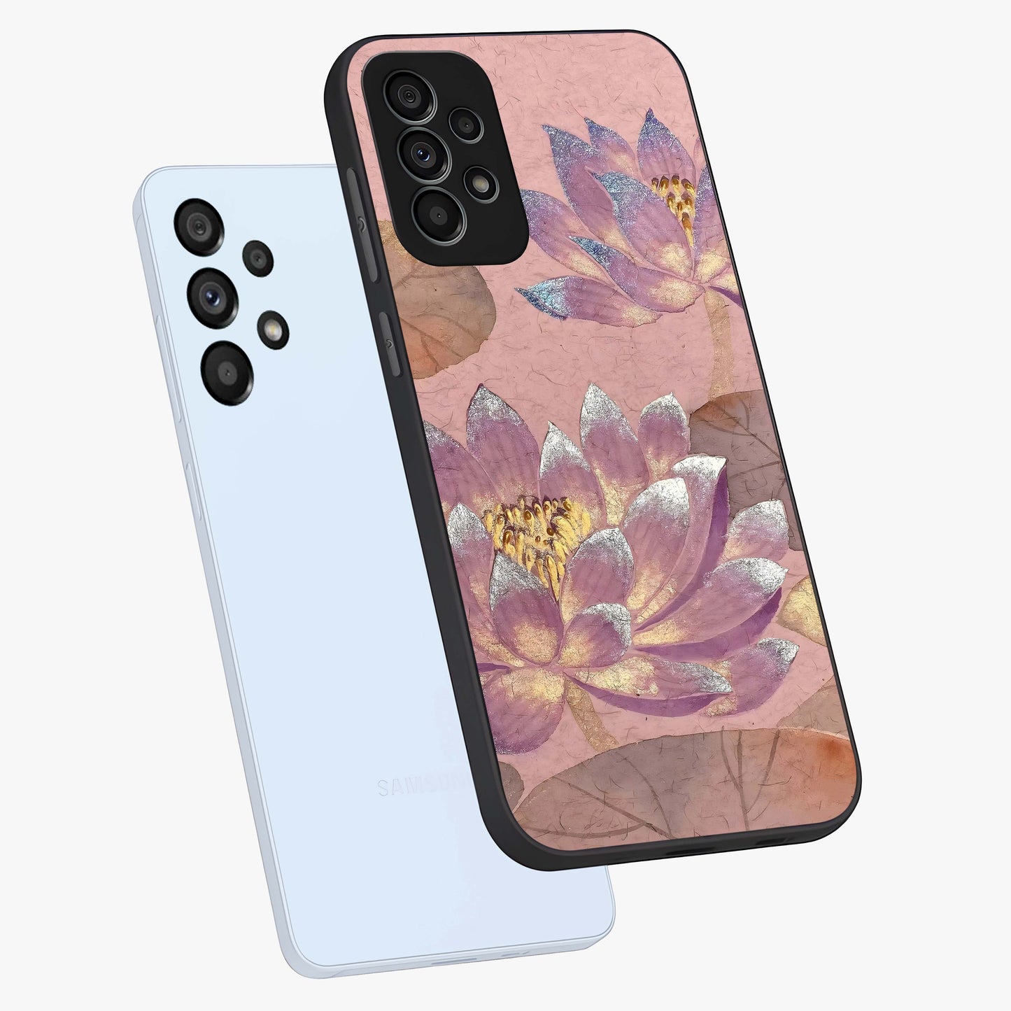 Blossom Mist Lotus Glass Case displayed in angled mockup highlighting delicate lotus illustration with calm aesthetic theme.