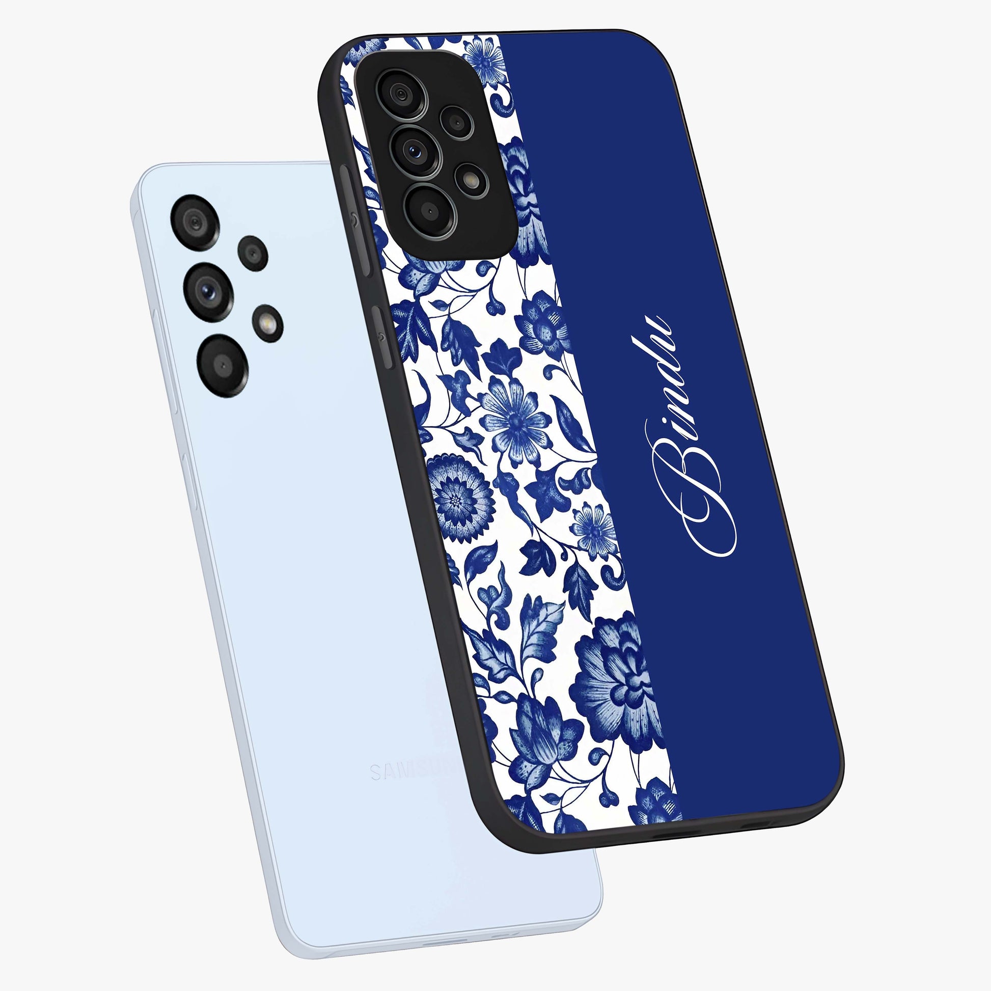 Blue Vintage Floral Pattern Glass Case displayed in angled mockup highlighting subtle bloom pattern with aesthetic pastel design.