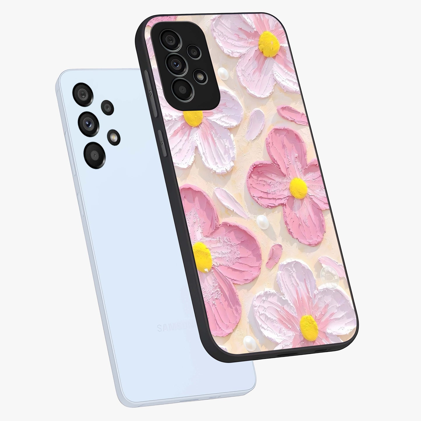 Blush Bloom Texture Glass Case displayed in angled mockup highlighting subtle bloom pattern with aesthetic pastel design.