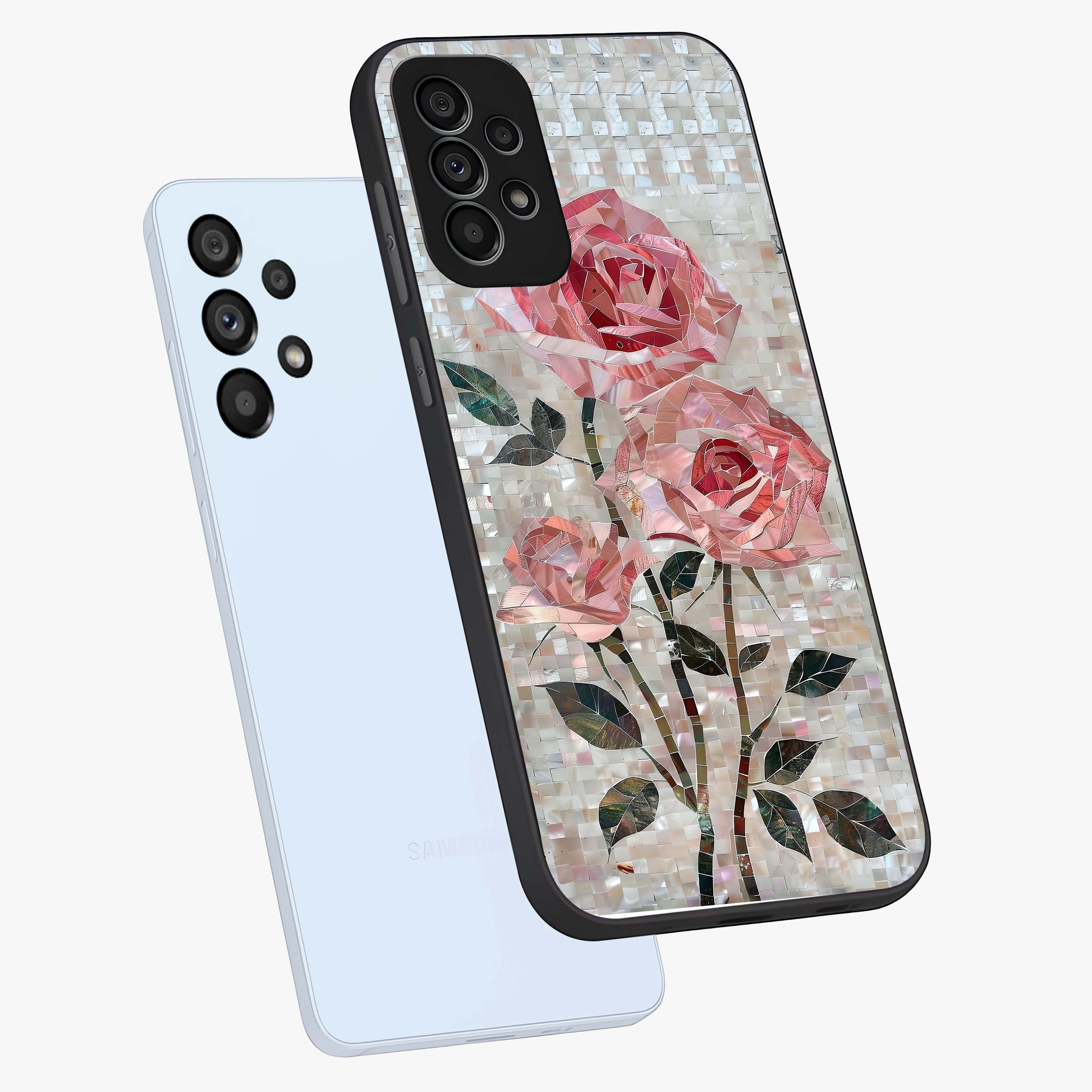 Blush Mosaic Bloom Glass Case displayed in angled mockup highlighting artistic mosaic flower pattern with aesthetic design.