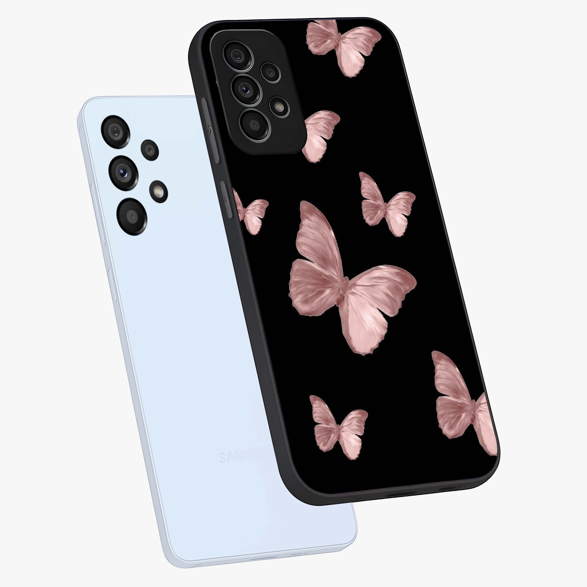 Butterfly Pattern Glass Case displayed in angled mockup highlighting delicate butterfly design and aesthetic pattern style.