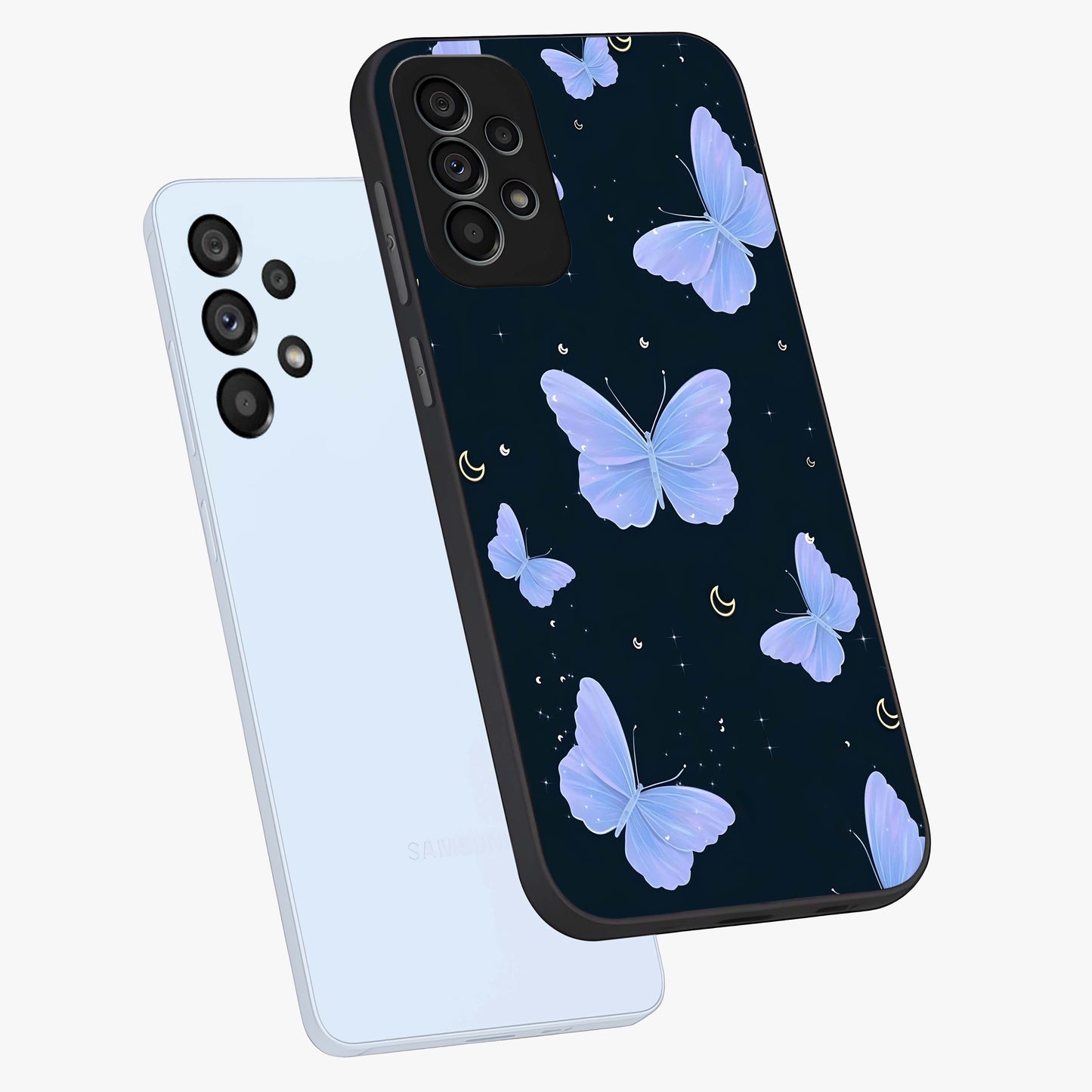 Butterfly With Stars Pattern Glass Case displayed in angled mockup highlighting dreamy butterfly and star design with aesthetic theme.
