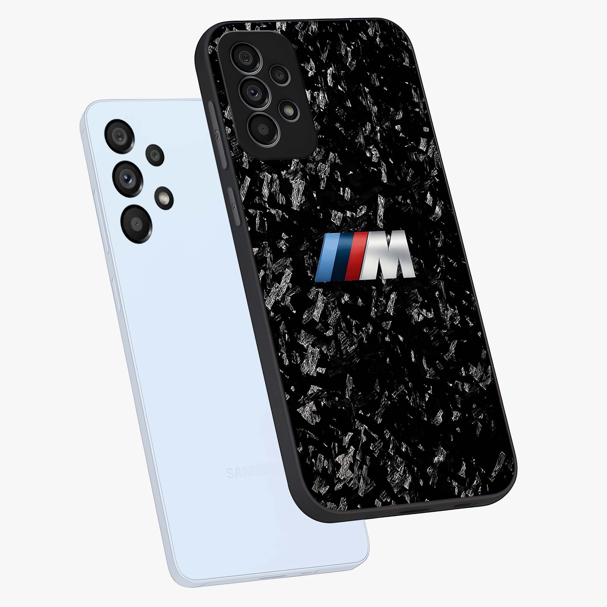 Carbon Speed Mark Glass Case displayed in angled mockup highlighting racing inspired carbon design and sleek aesthetic style.