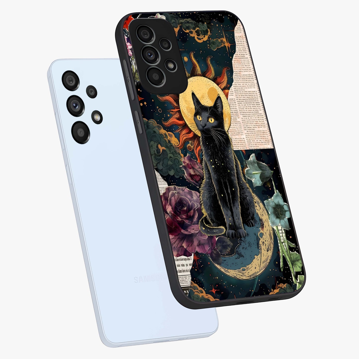 Celestial Black Cat Glass Case displayed in angled mockup highlighting cosmic black cat design with celestial aesthetic.