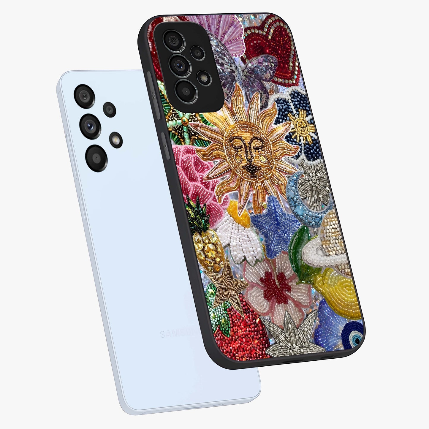 Celestial Floral and Playful Glass Case displayed in angled mockup highlighting playful floral design with dreamy celestial elements.
