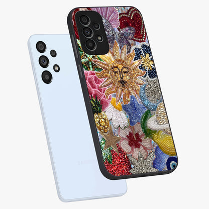Celestial Floral and Playful Glass Case displayed in angled mockup highlighting playful floral design with dreamy celestial elements.