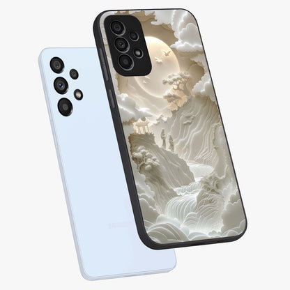 Celestial Origami Glass Case displayed in angled mockup highlighting geometric origami design with cosmic aesthetic theme.