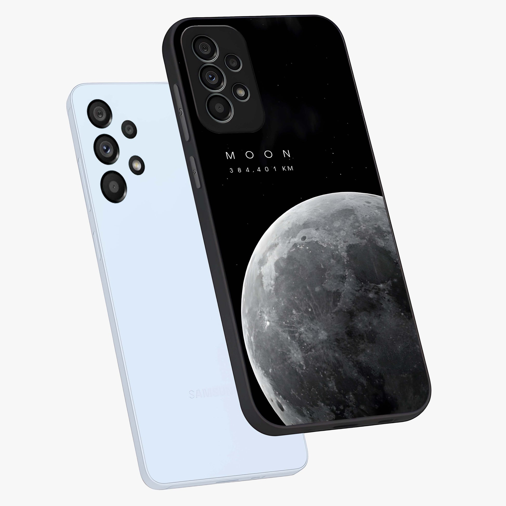 Cosmic Moon Glow Glass Case displayed in angled mockup highlighting celestial moon design with cosmic aesthetic theme.