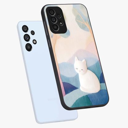 Cotton Dream Cat Glass Case displayed in angled mockup highlighting cute feline illustration with pastel aesthetic style.