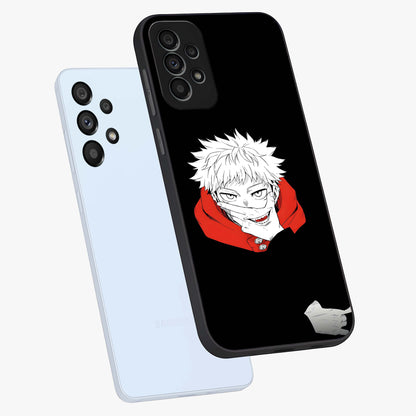 Crimson Chaos Smile Glass Case displayed in angled mockup highlighting edgy crimson smile design with graphic aesthetic.