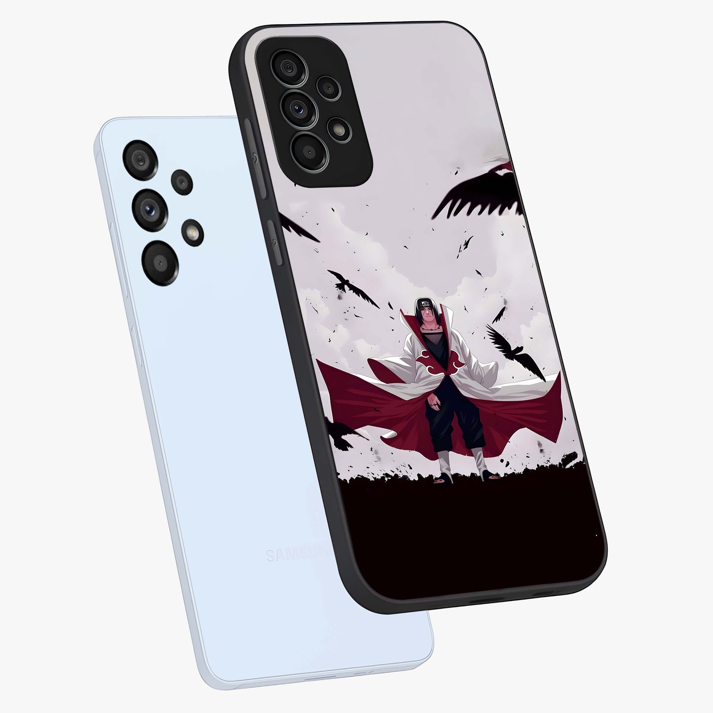 Crimson Crow Ascension Glass Case displayed in angled mockup highlighting powerful crow illustration with dark crimson aesthetic.