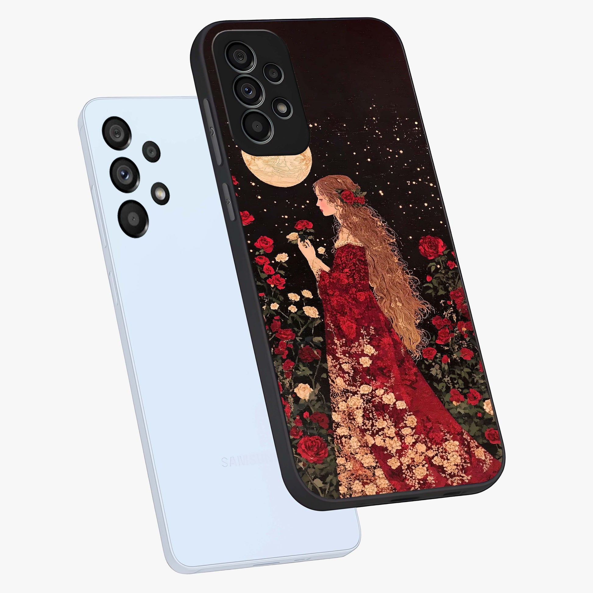 Crimson Dreams Glass Case displayed in angled mockup highlighting soft crimson aesthetic design with artistic theme.