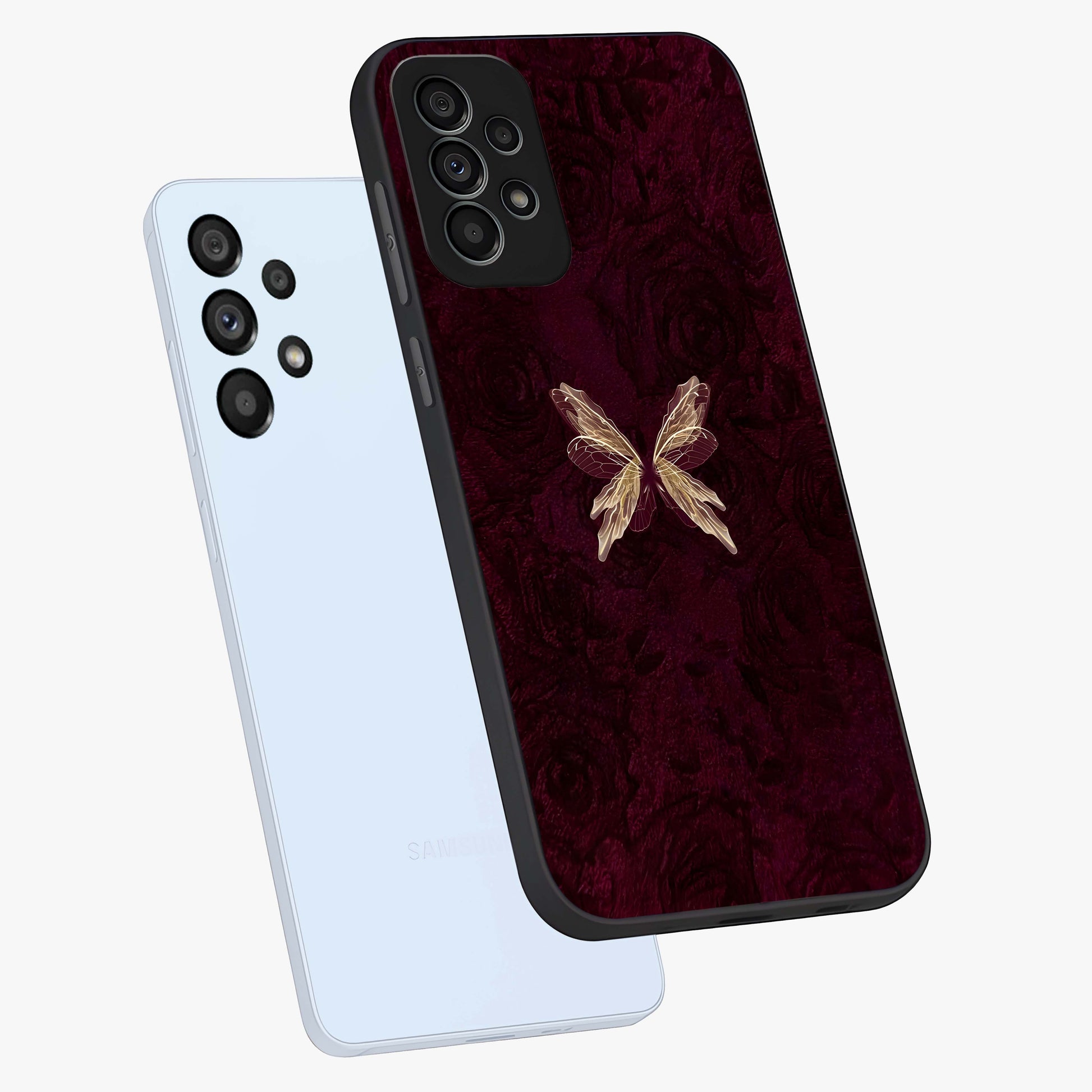 Crimson Fade Butterfly Glass Case displayed in angled mockup highlighting elegant butterfly design with crimson gradient aesthetic.