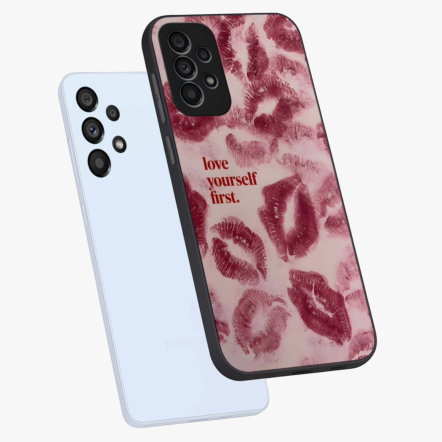 Crimson Kiss Love Glass Case displayed in angled mockup highlighting bold love inspired design with modern aesthetic style.