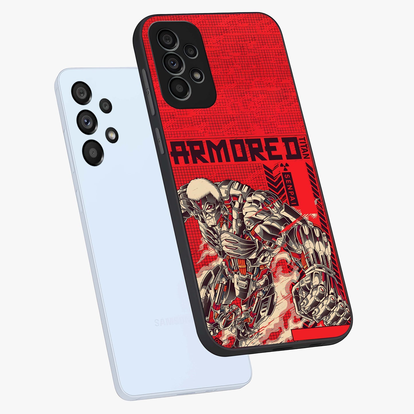 Crimson Mecha Titan Glass Case displayed in angled mockup highlighting futuristic mech illustration with bold crimson aesthetic.