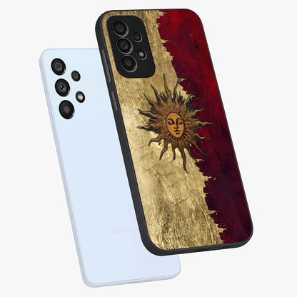 Crimson Sun Majesty Glass Case displayed in angled mockup highlighting majestic crimson sun design with bold aesthetic style.