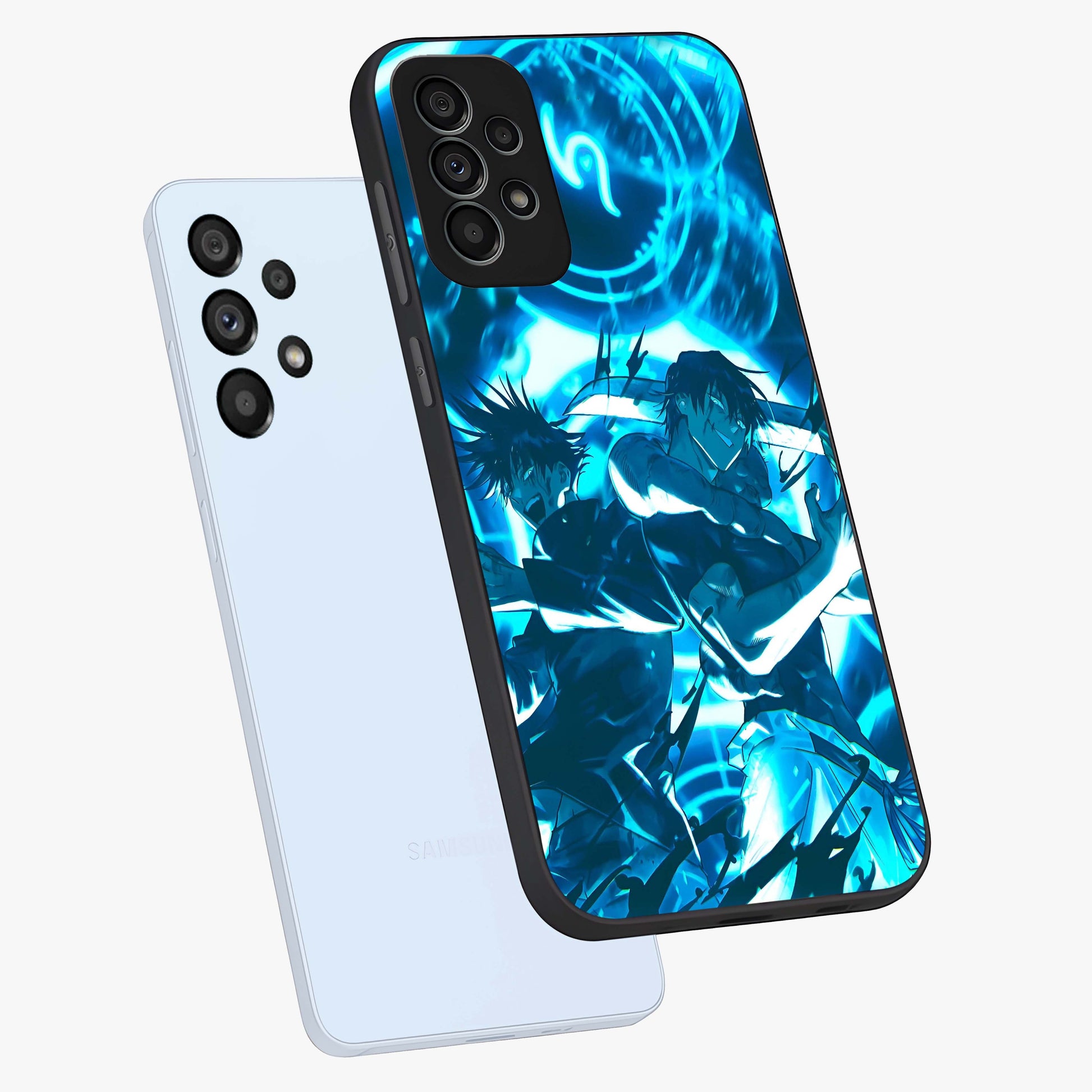 Cursed Energy Clash Glass Case displayed in angled mockup highlighting powerful battle inspired graphic with anime style aesthetic.