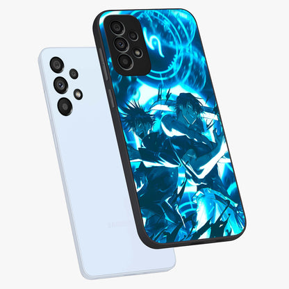Cursed Energy Clash Glass Case displayed in angled mockup highlighting powerful battle inspired graphic with anime style aesthetic.